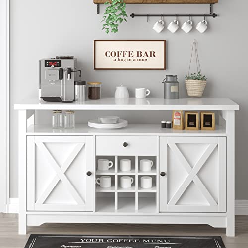 Modern Coffee Bar Cabinet, 47” Storage Cabinet Sideboard Buffet Barn Door Drawer Open Shelf For Kitchen, Dining/ Living Room 47" X 16" X 32"(White) #TOP1