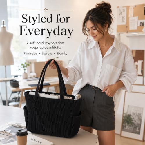 Image of Kawn Korean Tote Bag Aesthetic Corduroy Canvas Handbag for Women Zipper Casual Large Capacity Shoulder Bag with Pockets Versatile Everyday use for College Work Travel & Shopping