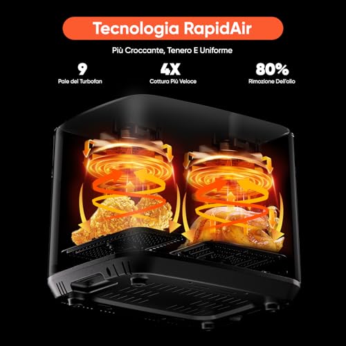 Friggitrice ad Aria XXL 10 litri Doppio Cestello, 50°C-230°C, Air Fryer con Finestra, 12 Programmi, Lavabile in Lavastoviglie, Touch Screen, Doppia Temperatura e Tecnologia SMART& MATCH Cook - immagine 6