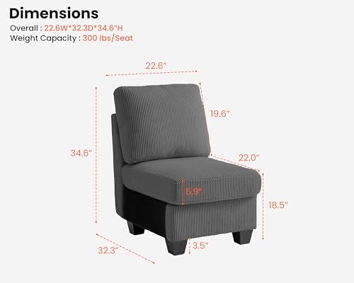 Image of CHIC HOUSE Middle Module for Modular Couch, Corduroy Customizable Chaise, Storage Ottoman for Sectional Sofa, Armrest, Single /Double Seater