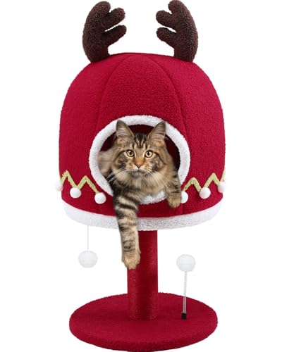 COUNER Christmas Cat Tree with Bed,33inch Tall Cat Tower with Scratching Post,Cute Unique Nature Sisal Cat Scratcher for Indoor Adults Cats with Hang Spring Ball Toys,Small Cat Tree Activity Center