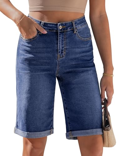 luvamia High Rise Bermuda Shorts for Women Jean Shorts for Women Denim Jorts Darkness Blue Large Fits Size 12-14