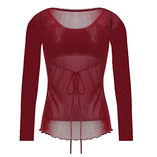 Image of Fairy Grunge Shirts for Women Y2K Tops Long Sleeve Lace Patchwork Tees Teen Girls Vintage Slim Blouse Fall Clothes