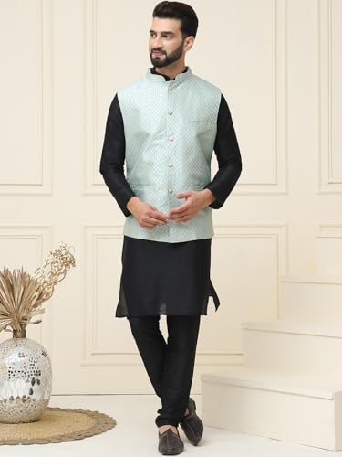 Image of SOJANYA (Since 1958 Men's Silk Blend Kurta Pyjama & Self Design Nehru Jacket Combo