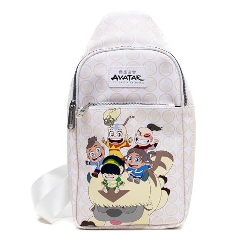 Bolsa tiracolo de couro vegano Nickelodeon, Avatar Last Airbender Chibi Group Pose on Appa, branca, 17,8 cm x 35,5 cm