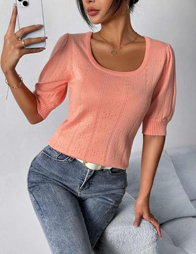 Image of Womens Fashion Short Sleeve Blouses Trendy Square Neck Puff Eyelet Shirts Tops Basic Clothing Orange Pink