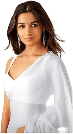 Women's Plain Pure Georgette Saree With Unstitched Blouse Piece Perfect for Weddings, Parties, and Special Occasions, (Rocky Aur Rani Ki Prem Kahani Alia Bhatt Saree)