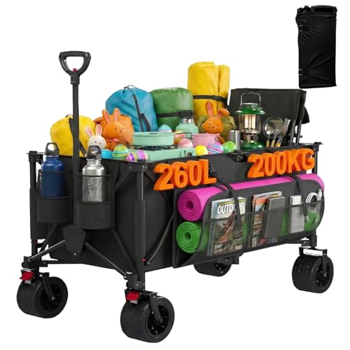 Devoko 260L Bollerwagen Faltbar, Faltbarer Bollerwagen Tragkraft 200 kg, mit Bremse, Verstellbarem Griff, Einkaufstrolley klappbar mit 3 Staufächern, für Strand Camping Einkauf, Schwarz