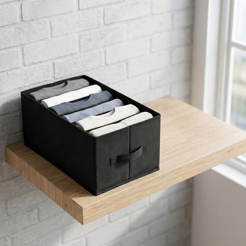 Image of Foldable Fabric Storage Bins with Handles - Collapsible Closet Organizer Boxes for Clothes, Jeans & T-Shirts - Stackable Shelf Drawer Organizers for Bedroom, Wardrobe & Home Storage (Black, 1 Pieces)