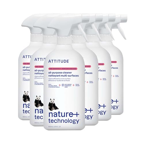 Image of ATTITUDE All Purpose Cleaner Spray, EWG Verified, Vegan, Made with 94% Plant-Based Ingredients, Streak-Free for Kitchen, Bathroom, Glass & More, Pink Grapefruit Scent, 27.1 Fl Oz (Pack of 6)