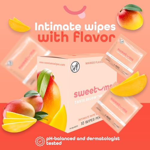 Image of Sweetums Feminine Wipes For Women, Individually Wrapped - pH Balanced Flavored Intimate Wipes - Mango, Pack of 10