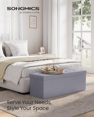 Image of SONGMICS MAZIE Collection - 43 Inches Folding Storage Ottoman Bench, Ottoman with Storage, Foot Rest Stool, Load 660 lb, for Living Room, Synthetic Leather, Light Gray ULSF70GY
