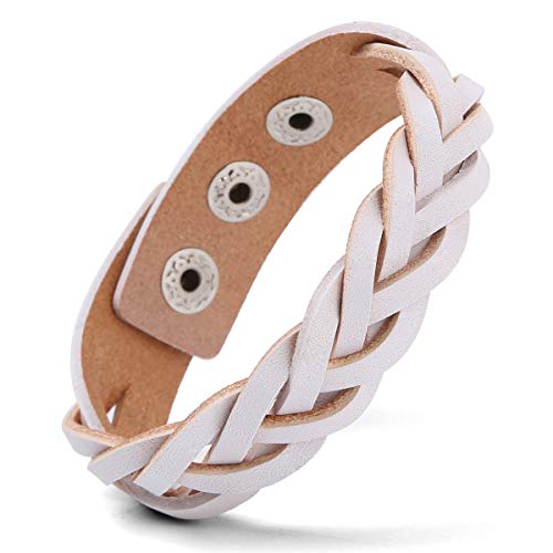 CCBFY Genuine Leather Bracelet Braided Sporty Wide Wristband Punk Jewelry for Men Women White