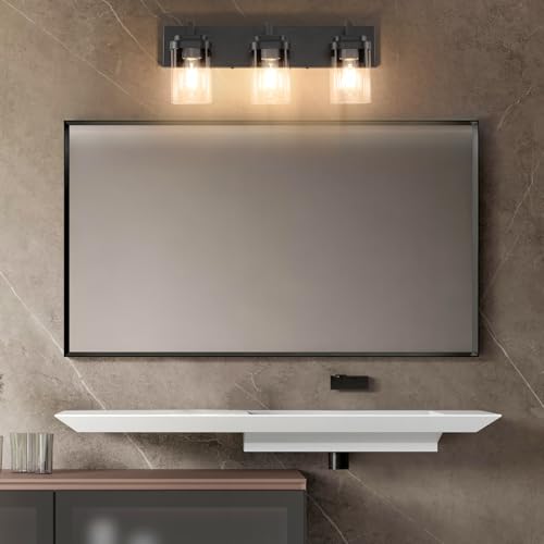 Image of SineRise Vanity Light Fixture,3-Light Vanity Light for Bathroom,Matte Black Bathroom Vanity Lighting Over Mirror with Square Clear Glass Shade for Restroom