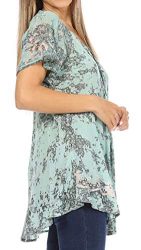 Image of Sakkas Ash Speckled Tiedye Embroidered Cap Sleeve Blouse Top with Embroidery Hems