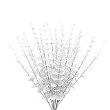 ABAJI Plastic Eucalyptus White Stems 12 Fake Faux Decorations Artificial Leaves Greenery Plant Leaf Home Office House Table Desk Decor Wedding Party Vase Forever Live