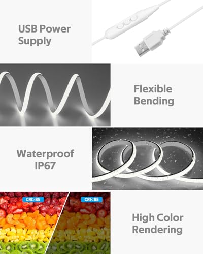 Image of 5V USB COB LED Light Strip with Dimmer 3.3FT Daylight White LED Rope Lights Indoor Tunable 6000K Super Density 320LEDs /M IP67 Waterproof LED Tape Light for Bedroom TV Backlight Mirror Decor