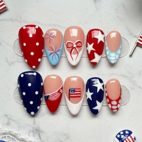 30Pcs 4th of July Press on Nails Medium Almond Independence Day Fake Nails with Red White Blue Star Flag Design Reusable Glue on Nails for Women Patriotic Holiday Party Manicure Decoration