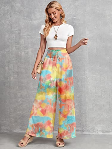 Image of Leriya Fashion Womens Mid Rise Tie-Dye Loose Fit Flared Wide Leg Palazzo Pants | Relaxed Pants | Bottom