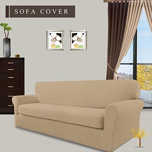 Image of Easy-Going 2 Pieces Microfiber Stretch Sofa Slipcover Spandex Soft Fitted Sofa Couch Cover, Washable Furniture Protector with Elastic Bottom Kids,Pet (Sofa,Pale Yellow)- Large | Spandex Soft Fitted Sofa Couch Cover for Sofa Furniture Protector with Bottom Kids,Pet Dog Pale Yellow