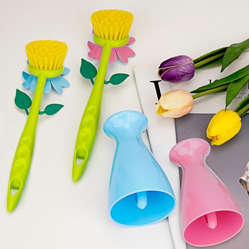 Image of Long Handle Flower Pot Brush, Florganic Dish Brush with Vase, Long Handle Dish Brushs Kitchen, for Cleaning Pot Pan Sink Kitchen Supplies Decorative Vase (2Pcs Pink, Blue)