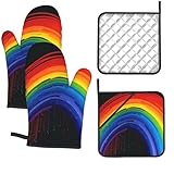 Ofenhandschuhe und Topflappen-Set, 180 °C, hitzebeständig, für Küche, Ofenhandschuh, Regenbogenfarben, extra lang, dick, Kochhandschuh, rutschfest, Grillhandschuhe zum Backen, 4 Stück