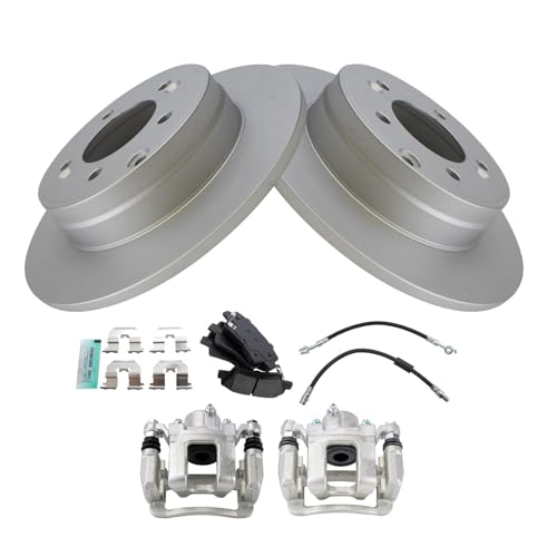 Image of TRQ Rear Brake Pad and Rotor Set Semi Metallic Coated Rotors Calipers Hoses Compatible with 2014 Kia Optima