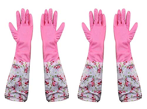 Image of Reusable Rubber Latex PVC Flock lined Long Elbow Hand Gloves Safety Kitchen for Dish-Washing, Cleaning, Gardening, Laundry and Sanitation and Lab Work (Blue) (2 Pair Pink)