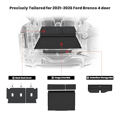 Image of LASFIT Cargo Mats+Rear Back Seat Protector for Ford Bronco 4-Door 2021-2026 | All Weather TPE Trunk Liner+Underfloor Storage Mat+Backrest Cover Custom Fit Easy Clean, Not Fit Bronco Sport or 2 Door