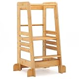 COSTWAY Lernturm Kinder aus Bambus, Tritthocker Montessori mit 4 verstellbaren Höhen & Sicherheitsgeländer, Trittleiter bis 70 kg Belastbar, Trittschemel für Kinder ab 1 Jahren, Natur