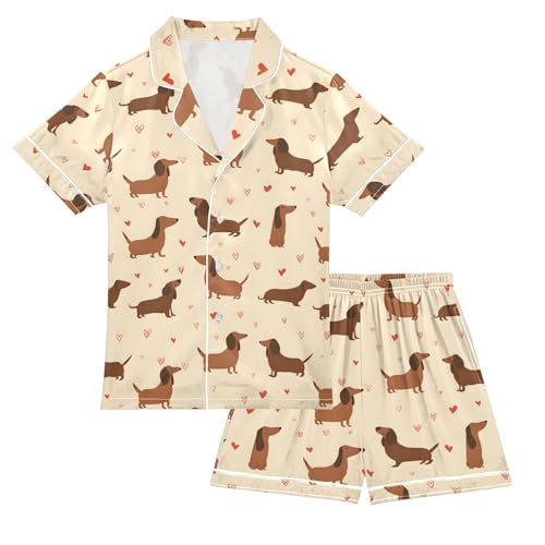 Sausage Dog Love Pattern Summer Satin Pajama Set, Cute Button-Down Sleepwear Pj Set for Sleep Wears