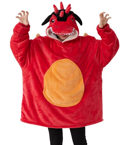 Kgromfy Unisex Dragon Costume Halloween Animal Cosplay Pajamas Flannel Pullovers Comfy Christmas Hoodie Sweatshirt Novelty Outfit Warm Loungewear One Size Fits All-Multi-horned Red Dragon