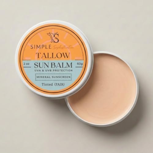 Tallow Sun Balm, tinted - with grassfed tallow, castor oil, zinc oxide | Mineral Sunscreen | Natural, Clean, Organic | Reef Safe, Ocean Friendly | Spf 30 - suitable for sensitive skin (2 oz) (Fair)