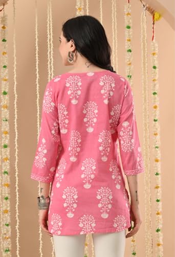 Image of Amazon Brand - Tavasya Women Floral Printed Round Neck Pure Cotton Regular Fit Kurti | Everyday & Office Wear Kurta | Modern Ethnic Top