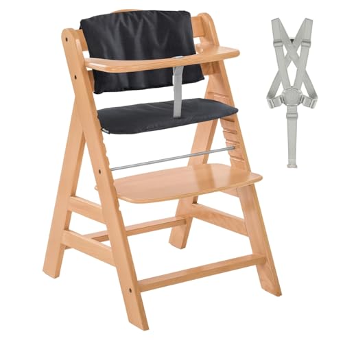 hauck Hochstuhl Alpha+ - Mitwachsender Holz-Kinderhochstuhl, höhenverstellbar, mit Sitzkissen, Schutzbügel & Gurt ab 6 Monaten - Natur
