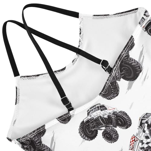 Pigsaly Girls One Piece Swimsuits White Black Checkered Flag Camo Monster Trucks Kids Cross Back Swimwear Bathing Suit 3T4