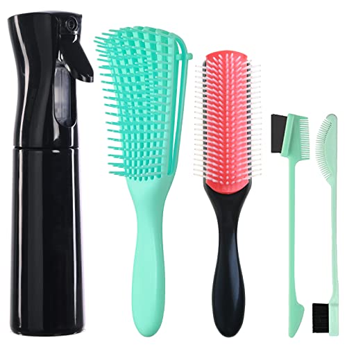 YMHPRIDE Hair Spray Bottles Cheap Detangling Brush for Black Natural Hair, Mist Spray Bottle for Hair, Detangler Brush Set with 9 Row Cushion Nylon Bristle and Edge Brush (Green)