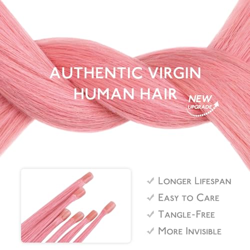 Image of WENNALIFE U Tip Hair Extensions Human Hair, 25g 25s 20 inch Peach Pink Remy Hair Extension, Invisible Straight Keratin K Tip Real Human Hair
