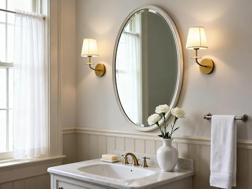Image of Yosoan Brass Gold Retro Boho Beige-White Gauze Fabric Shade Wall Sconce Set of 2, Vintage Vanity Antique Indoor Hardwired Champagne Bronze Flared Fabric Shade for Bedroom Hallway Living Room