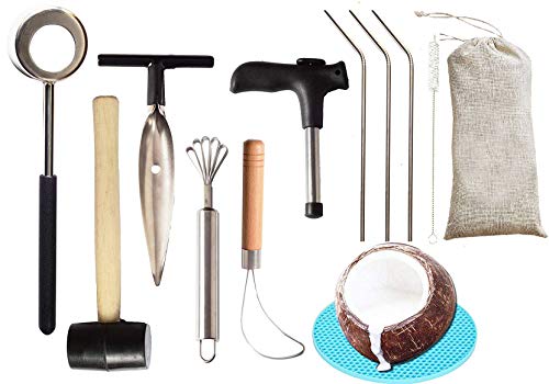 Coconut Opener| Coconut Opener Kit with Hammer Stainless Steel Opening Utensil Premium Wooden