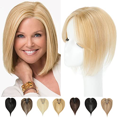 luckkimode Human Hair Toppers for Women Real Human Hair 10 Inch 120% Density Swiss Base Clip In Hair Pieces Straight Hairpiece for Women with Thinning Hair（25g Honey Blonde and Blonde Mix #P27/613）