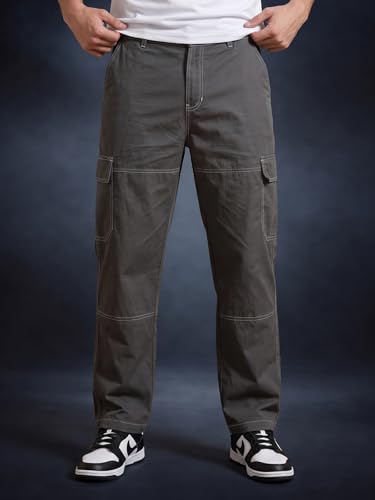 Image of Veirdo Men's Cargo Pants | Relaxed Fit Utility Trousers with Multi Pockets | Casual Streetwear Cotton Bottoms - Beige, Black & Grey| Sizes: S to XXL