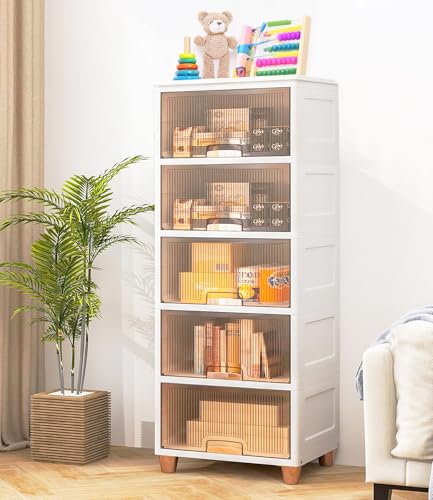 Image of EXVITO Plastic Cupboard for Storage - Collapsible Wardrobes for Clothes | Almirah for Clothes | Folding Storage Box | Stackable Storage Bins with Door Space Saving Closet (Beige-A, 5 Tier)