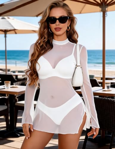 Image of Avidlove Mesh Mini Dresses for Women Bell Sleeves Bodycon Turtle Neck Split Lingerie Dress Vacation Party Outfits Clubwear