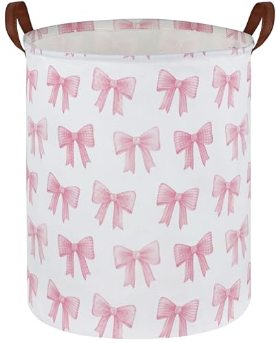 Sanjiaofen Kids Laundry Hamper,Pink Laundry Basket Collapsible Girls Storage Baskets for Home Decor,Office,Toy Organizer,(Pink Bowknot)