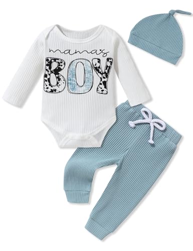 Image of Crazyme Newborn Baby Boy Clothes Letter Print Ribbed Knitted Long Sleeve Romper Solid Long Pants Hat Baby Boy Outfits 3PCS