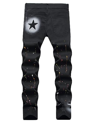 Men Star Painted Black Stretch Denim Slim Straight Jeans2