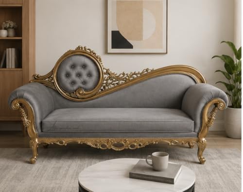 Image of Victorian Style Chaise Lounge, Tufted Cream Upholstery, Mahogany Wood Frame, Classic Living Room Furniture (Grey)