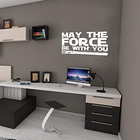 Vinyl Wall Art Decals - May The Force Be with You - 12" x 23" - Star Wars Inspired Modern Decals for Home Bedroom Living Room Apartment - Kids Teens Adults Office Work Decorations (12" x 23", White) Cover