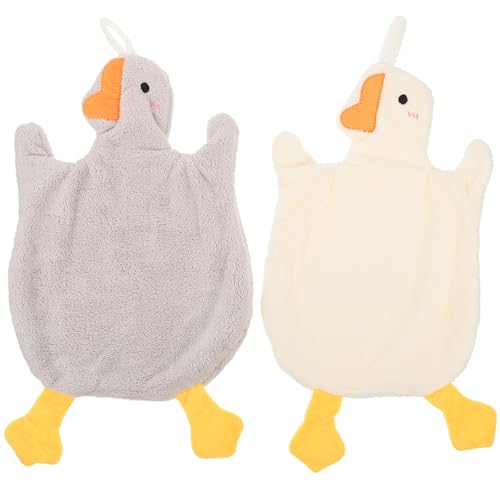 INOOMP 2pcs Coral Fleece Hanging Duck Hand Towels for Kids, Fast Dry Absorbent Hand Wipe Towels with Loop, Cute Animal Kitchen and Bathroom Household Towels